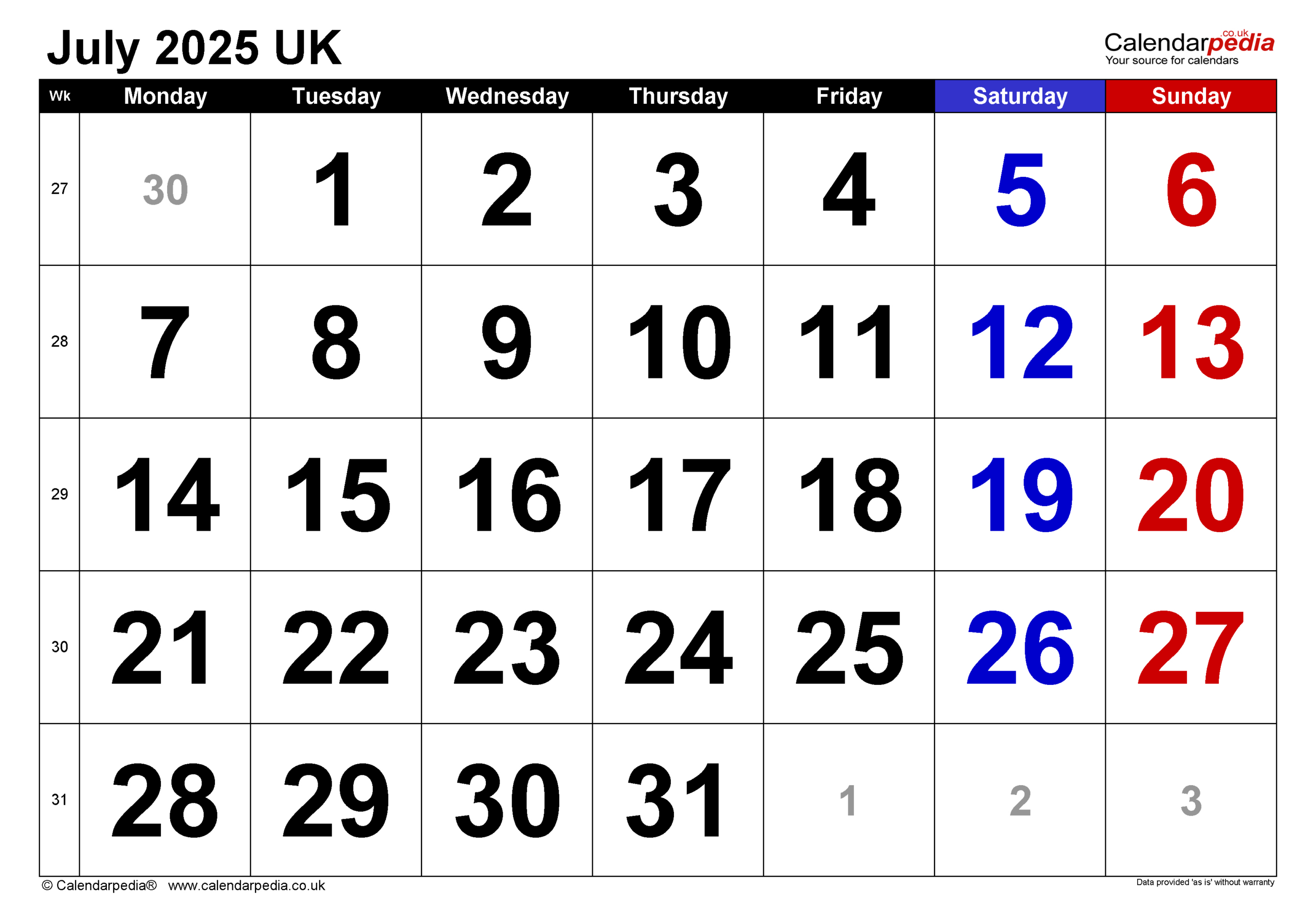 Calendar July 2025 Uk With Pdf, Excel And Word Templates | July 2025 Calendar Excel