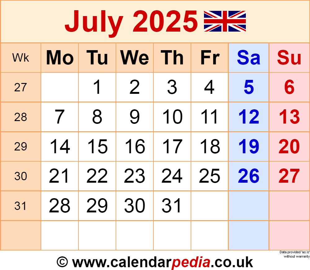 Calendar July 2025 Uk With Pdf, Excel And Word Templates | July 2025 Calendar United Kingdom