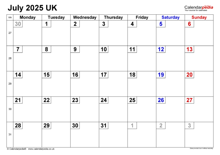 July 2025 Calendar United Kingdom | Calendar 2025