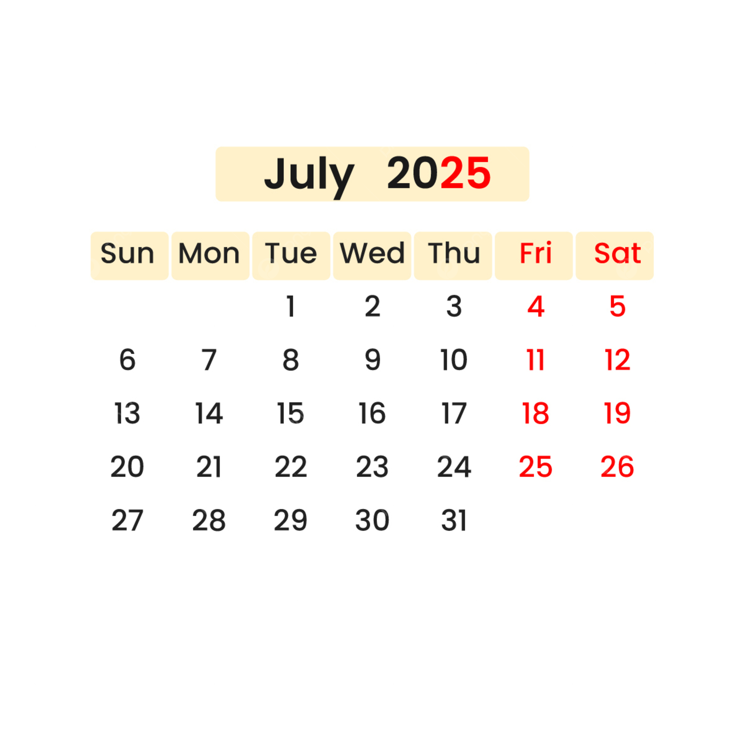 Calendar July 2025 Vector With National Holidays And Colorful | National Calendar July 2025