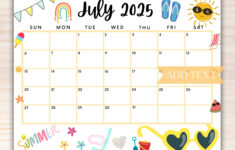 Editable July 2025 Summer Calendar, Printable July Calendar | July Calendar 2025 Homemade Gifts