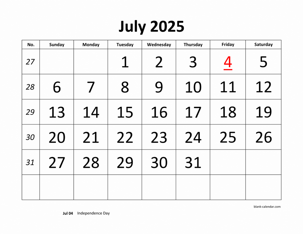 Free Download Printable July 2025 Calendar, Large Font Design | Large Printable July 2025 Calendar