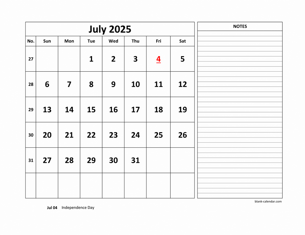 Free Download Printable July 2025 Calendar, Large Space For | July 2025 Calendar with Notes