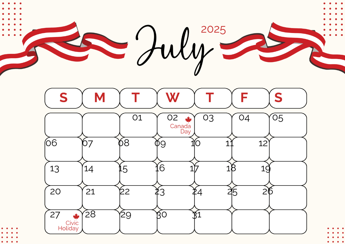 Free July 2025 Calendar Templates, Editable And Printable | July 2025 Canada Calendar Printable
