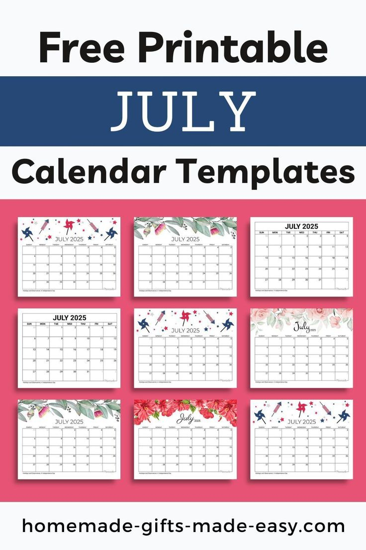 Free Printable July 2025 Calendar With Holidays | Homemade Gifts | July Calendar 2025 Homemade Gifts