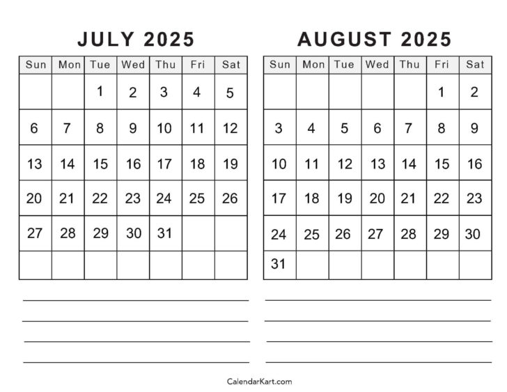 Printable Calendar For July and August 2025 | Calendar 2025
