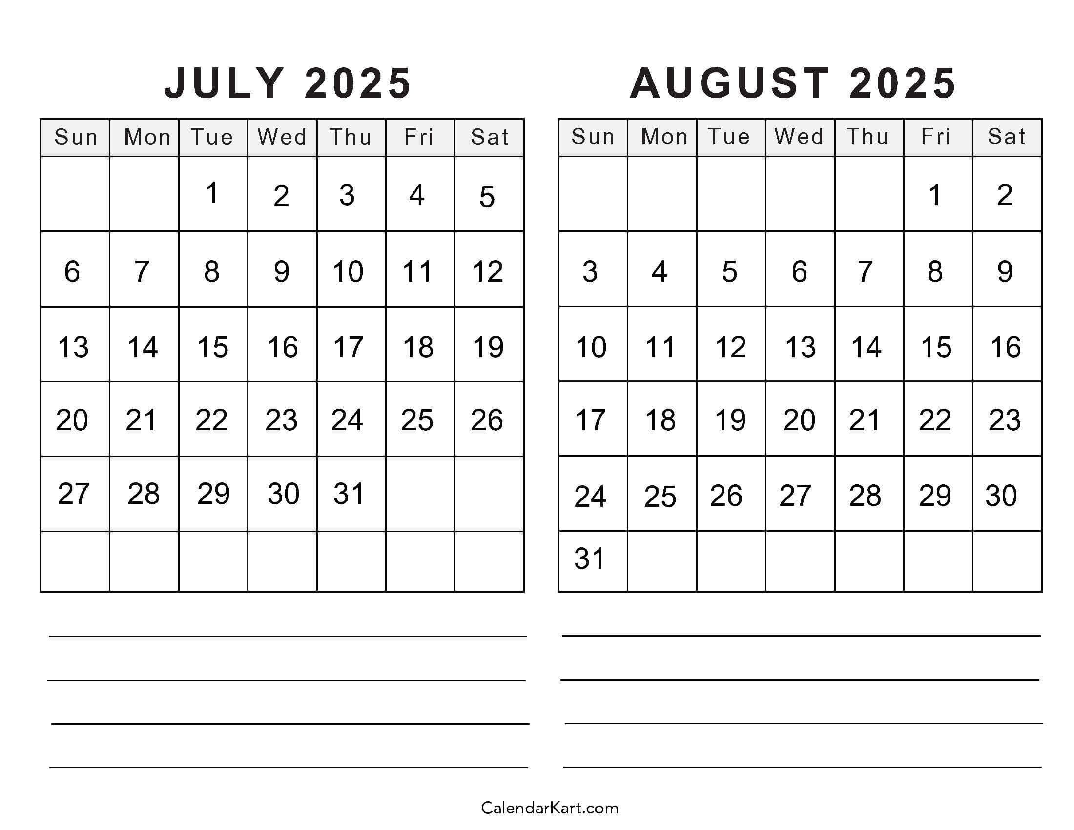 Free Printable July August 2025 Calendar | Calendarkart | Free Printable Calendar 2025 July and August