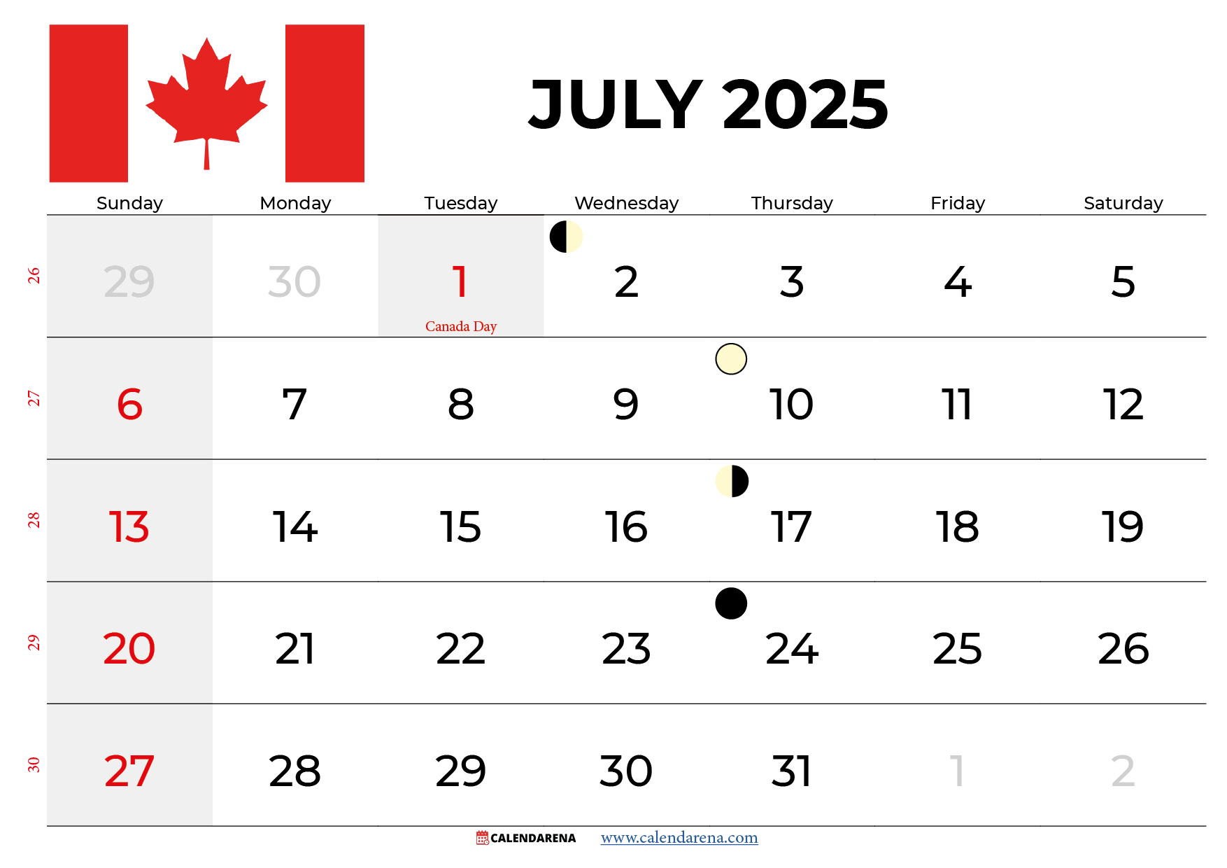 July 2025 Calendar Canada | July Calendar 2025 Canada