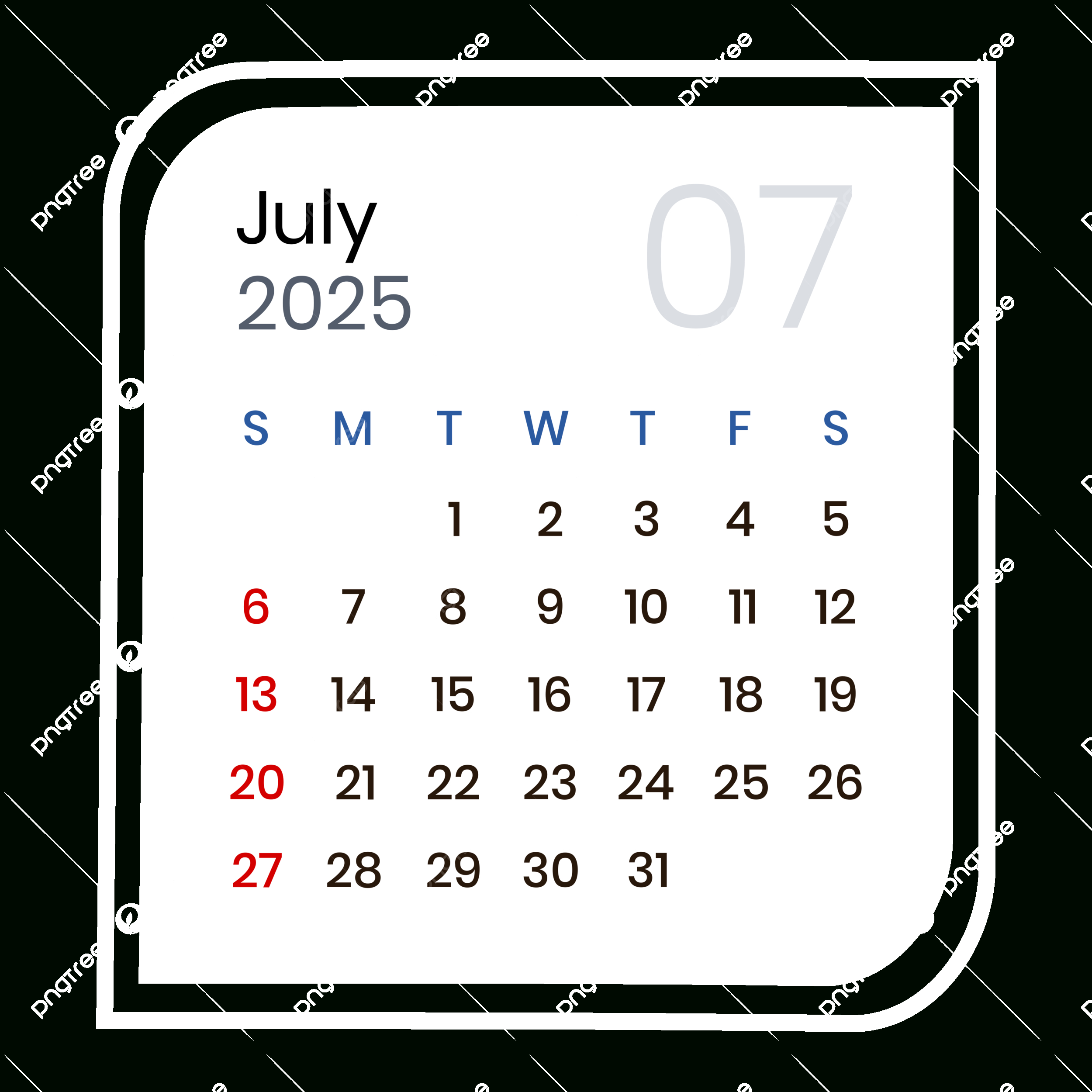 July 2025 Calendar Elegant Vector, July 2025, July 2025 Calendar | July Calendar 2025 Png
