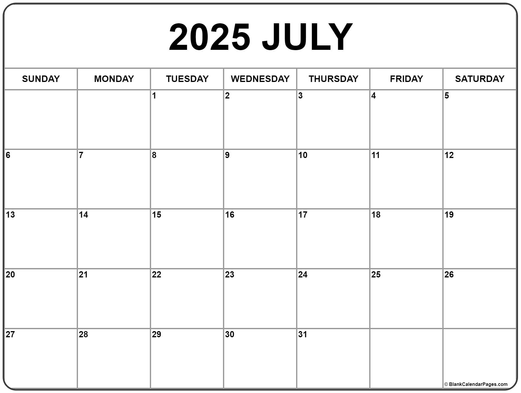 July 2025 Calendar | Free Printable Calendars | Blank July 2025 Calendar Printable