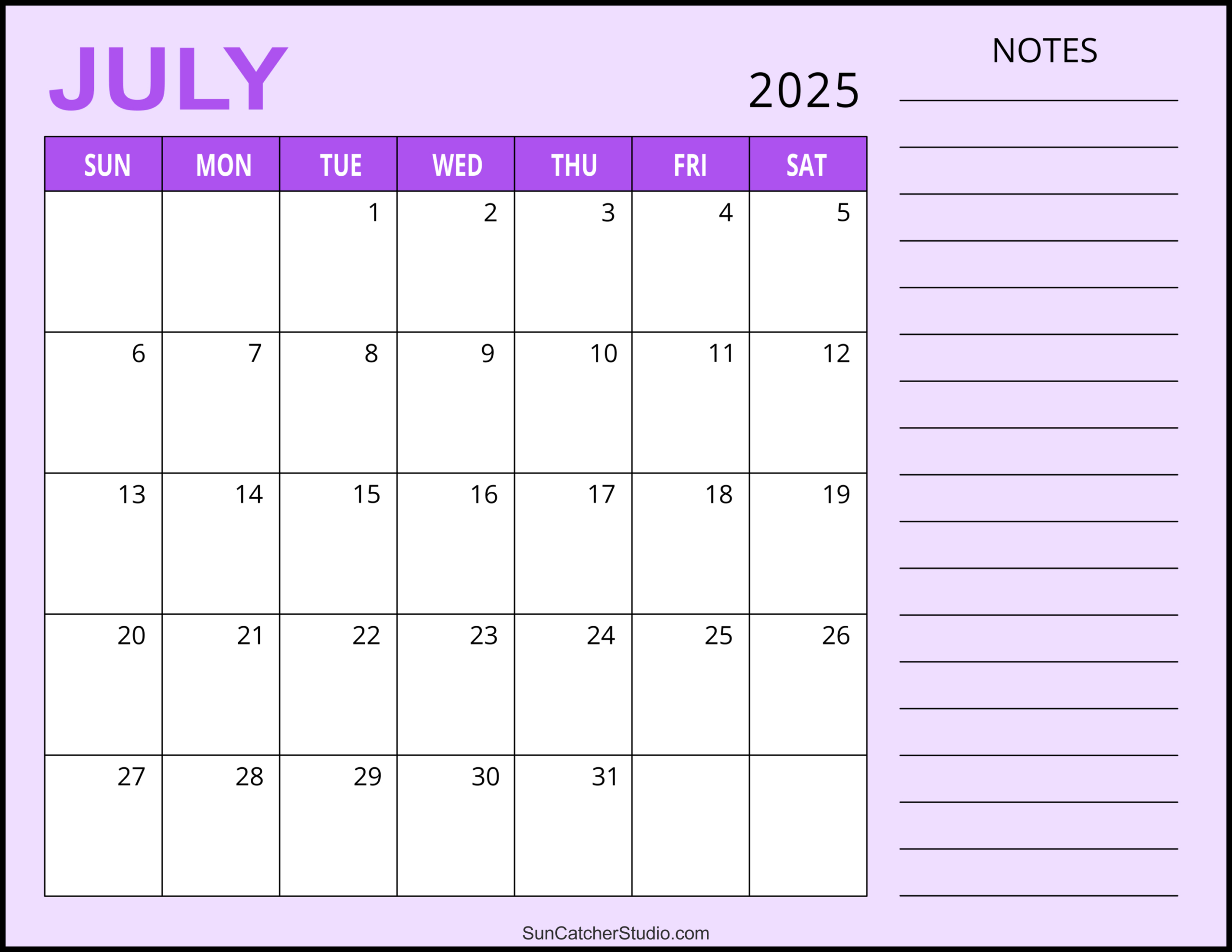 July 2025 Calendar (Free Printable) – Free Printables, Monograms | July 2025 Calendar with Notes
