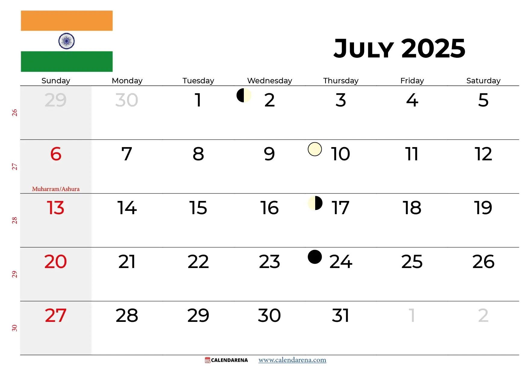 July 2025 Calendar India | July Calendar 2025 with Holidays