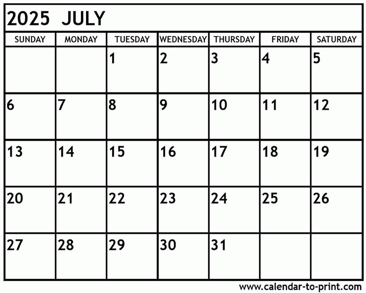 July 2025 Calendar Printable | July Calendar 2025 Printable