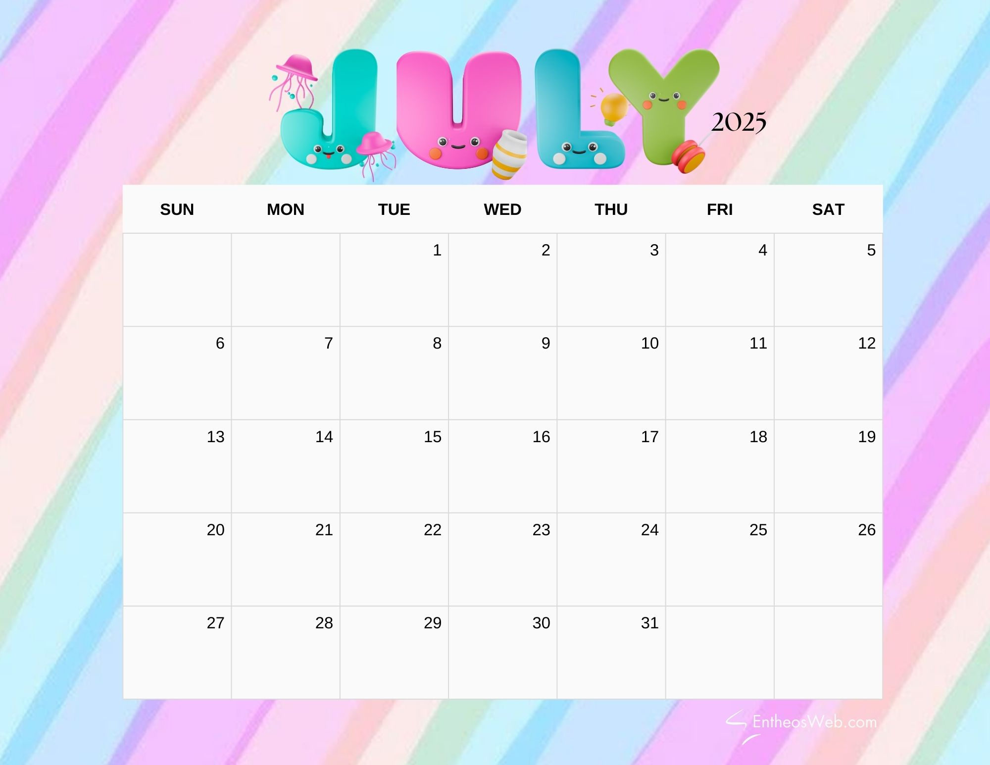 July 2025 Calendar Printables | Entheosweb | July 2025 Calendar Kids