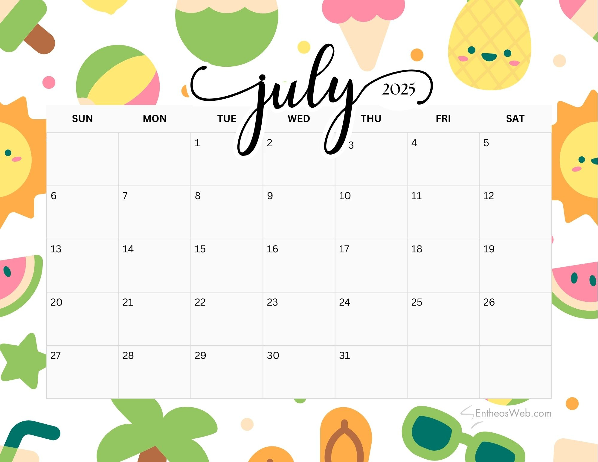 July 2025 Calendar Printables | Entheosweb | July 2025 Calendar Printable Cute