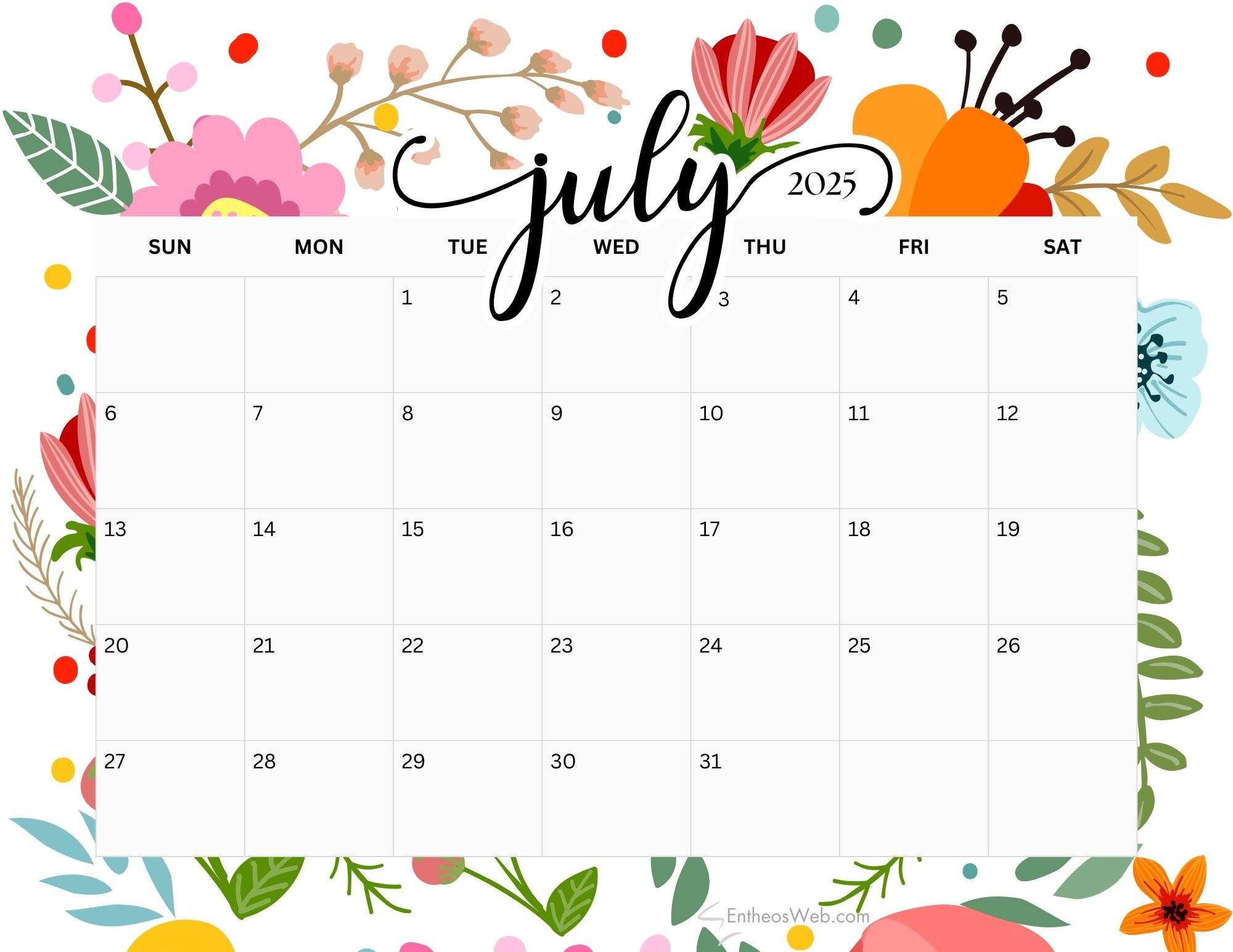 July 2025 Calendar Printables | Entheosweb | July 2025 Free Calendar Printable