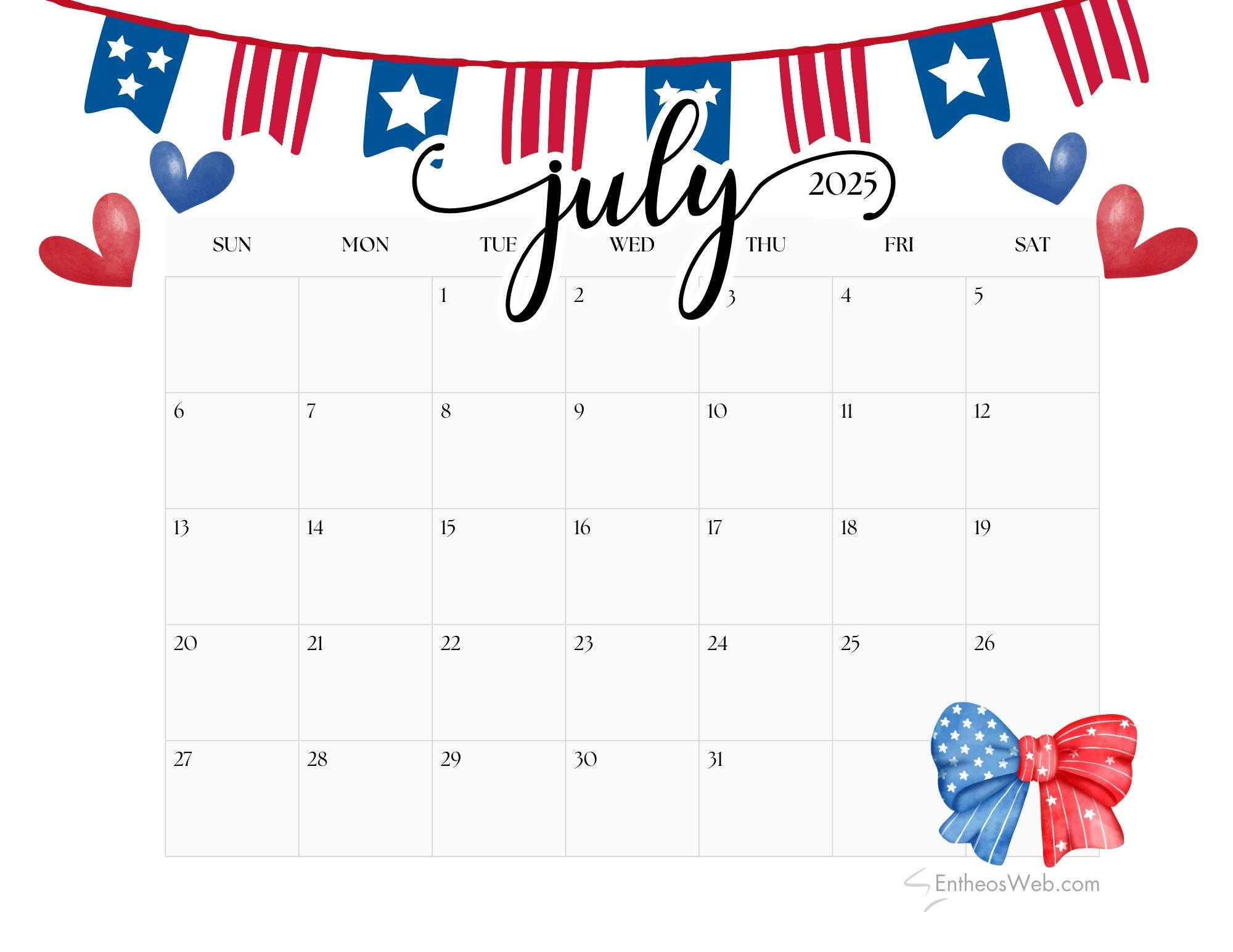July 2025 Calendar Printables | Entheosweb | July 2025 Free Calendar Printable