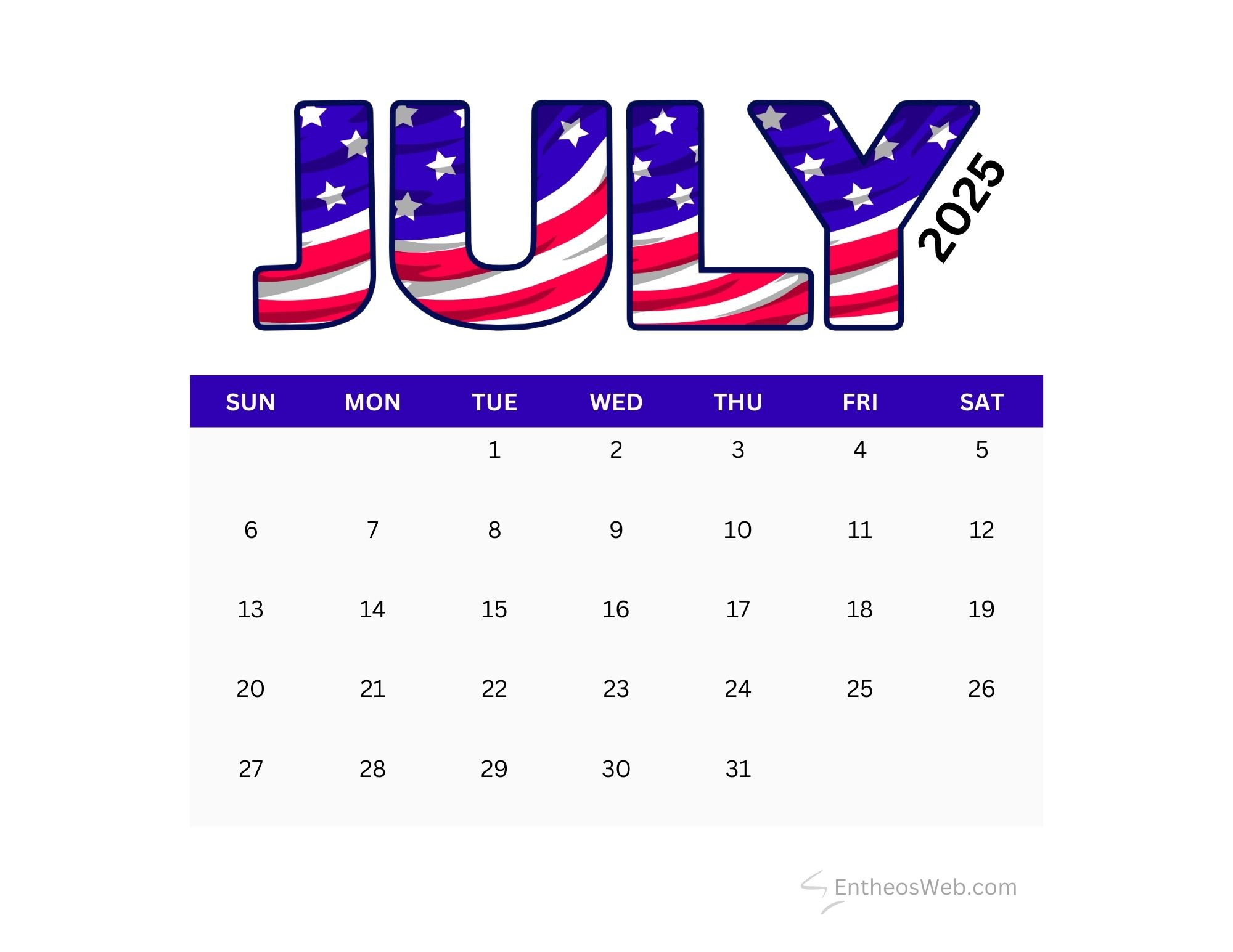 July 2025 Calendar Printables | Entheosweb | July 4th 2025 Calendar Date