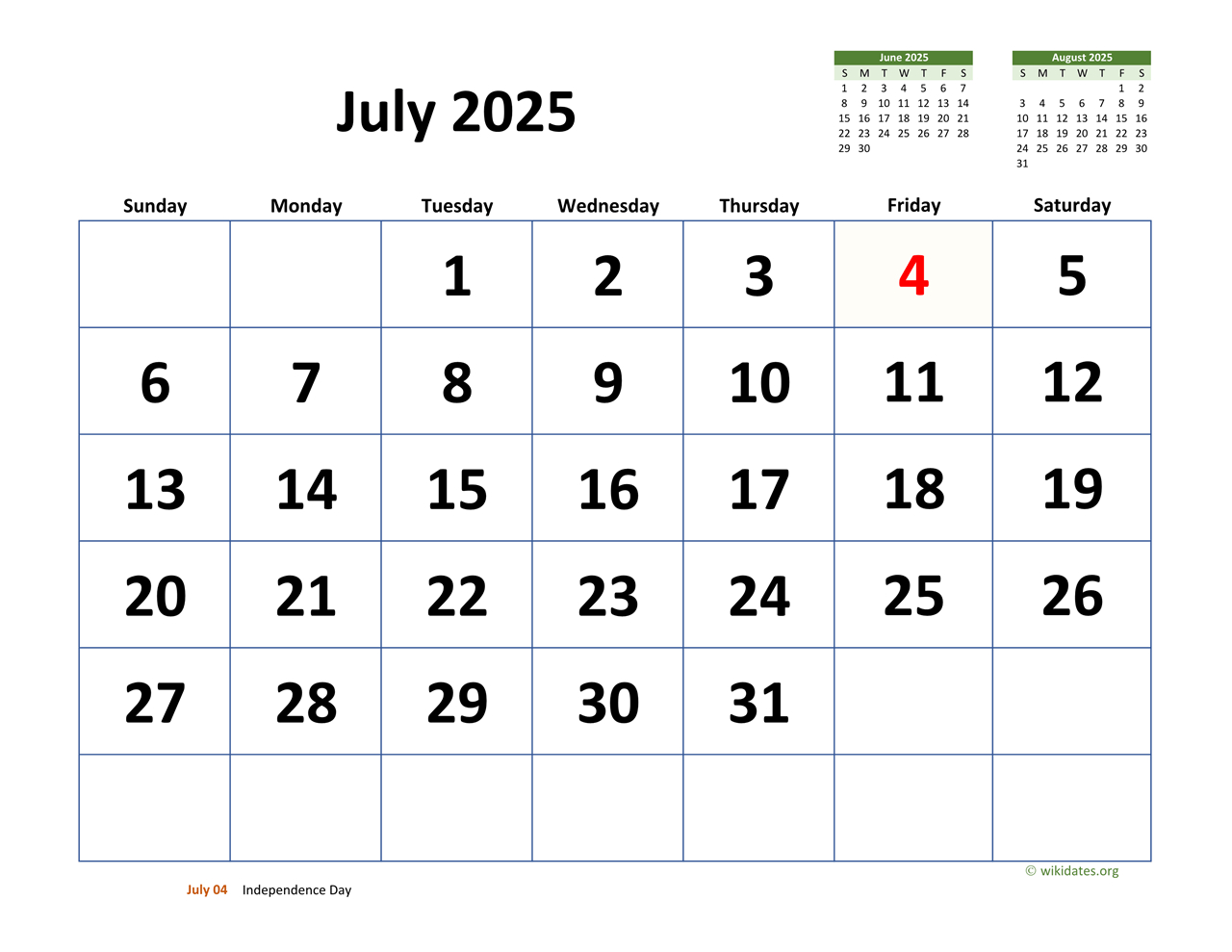 July 2025 Calendar With Extra-Large Dates | Wikidates | July 13 2025 Calendar