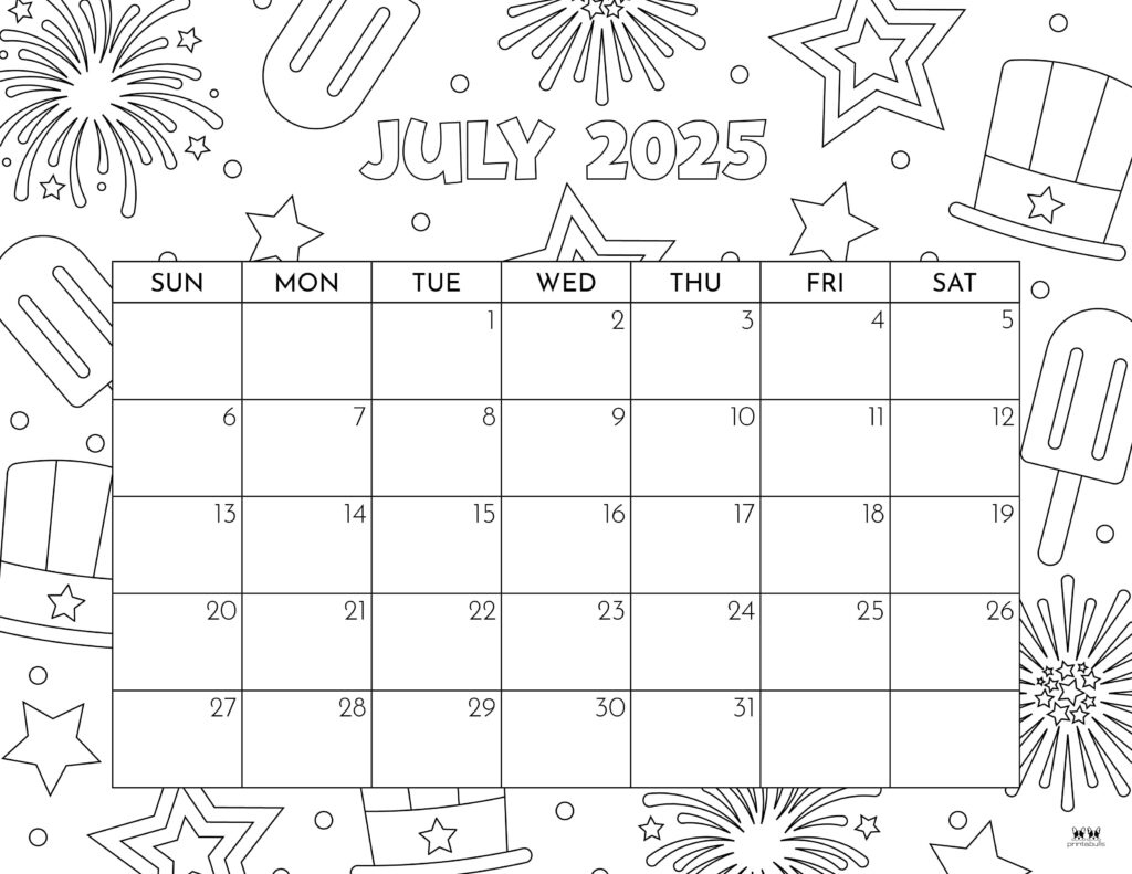 July 2025 Calendars - 107 Free Printables | Printabulls | July 2025 Calendar Kids