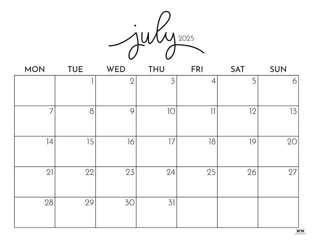 July 2025 Calendars - 107 Free Printables | Printabulls | July 2025 Calendar Printable with Holidays