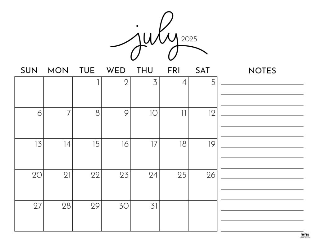 July 2025 Calendars - 107 Free Printables | Printabulls | July 2025 Calendar with Notes