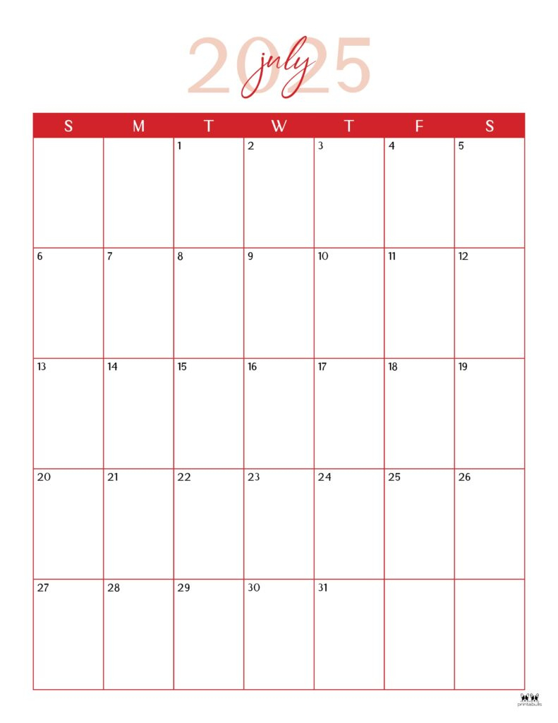 July 2025 Calendars - 107 Free Printables | Printabulls | July 2025 Large Print Calendar