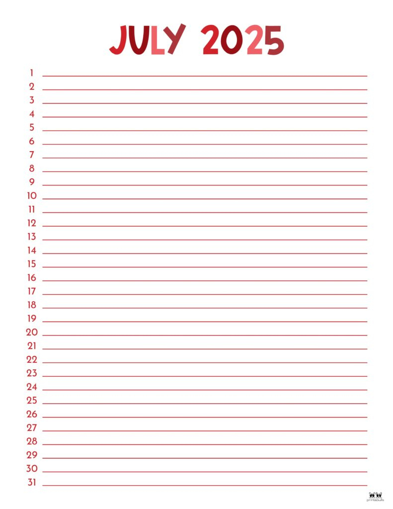 July 2025 Calendars - 107 Free Printables | Printabulls | July Calendar 2025 Printable With Lines