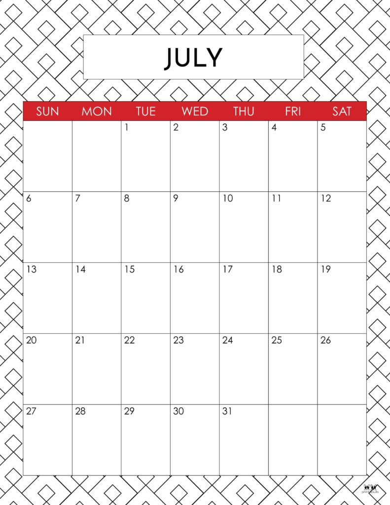 July 2025 Calendars - 107 Free Printables | Printabulls | July Calendar 2025 Printable with Lines