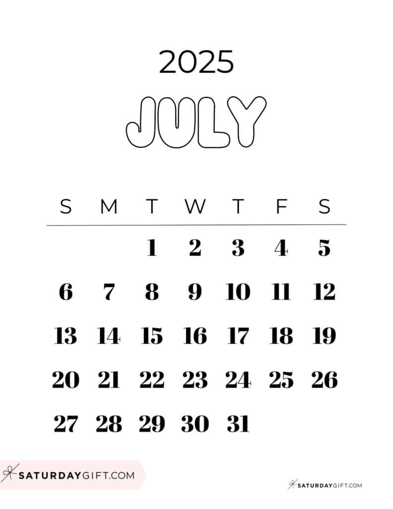 July 2025 Calendars - 23 Cute Free Printable Pdfs | Saturdaygift | July 13 2025 Calendar
