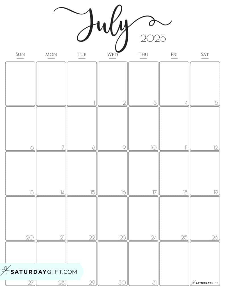 July 2025 Calendars - 23 Cute Free Printable Pdfs | Saturdaygift | July 2025 Calendar Printable Vertical