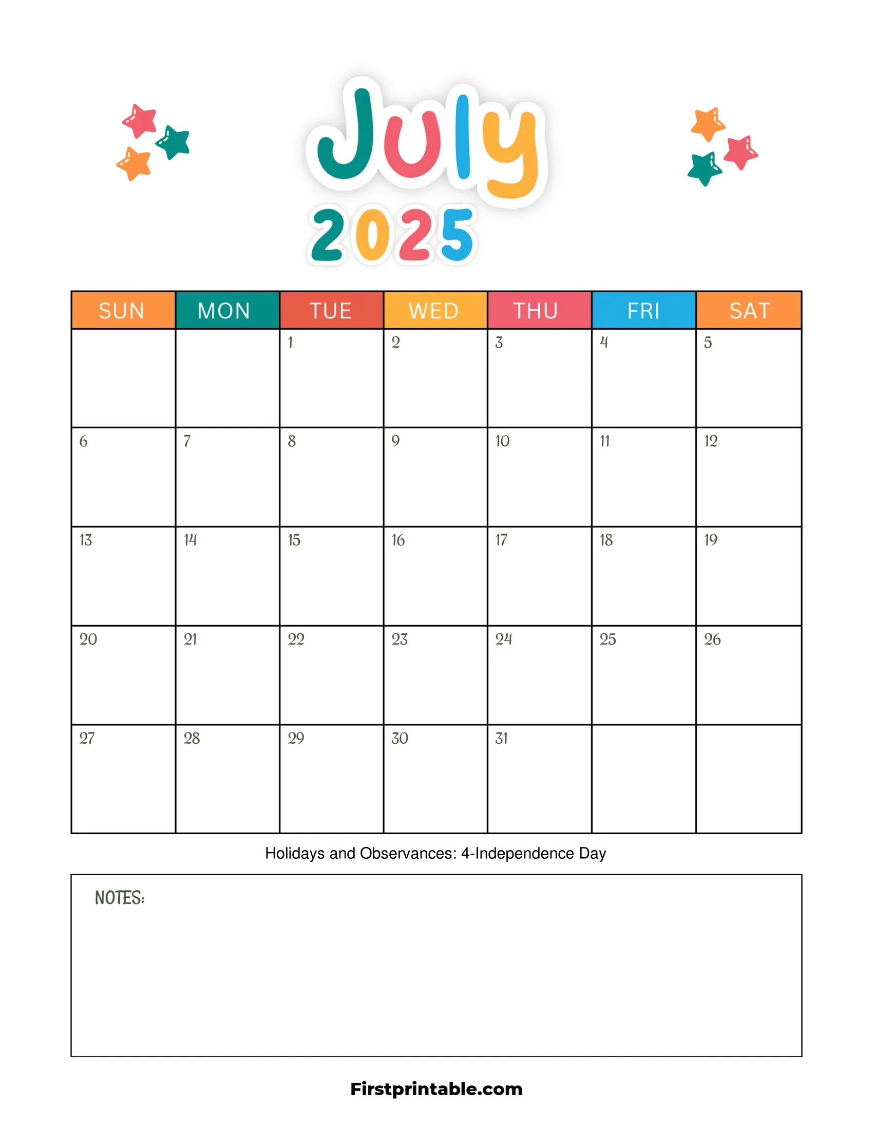 July 2025 Calendars - Free Printable &amp;amp; Fillable | July 2025 Calendar Kids
