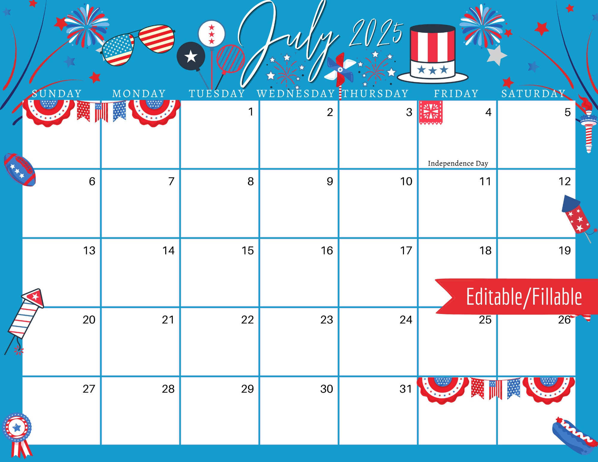 July 2025 Digital Calendar - Blue 4Th Of July Planner Editable | Calendar 2025