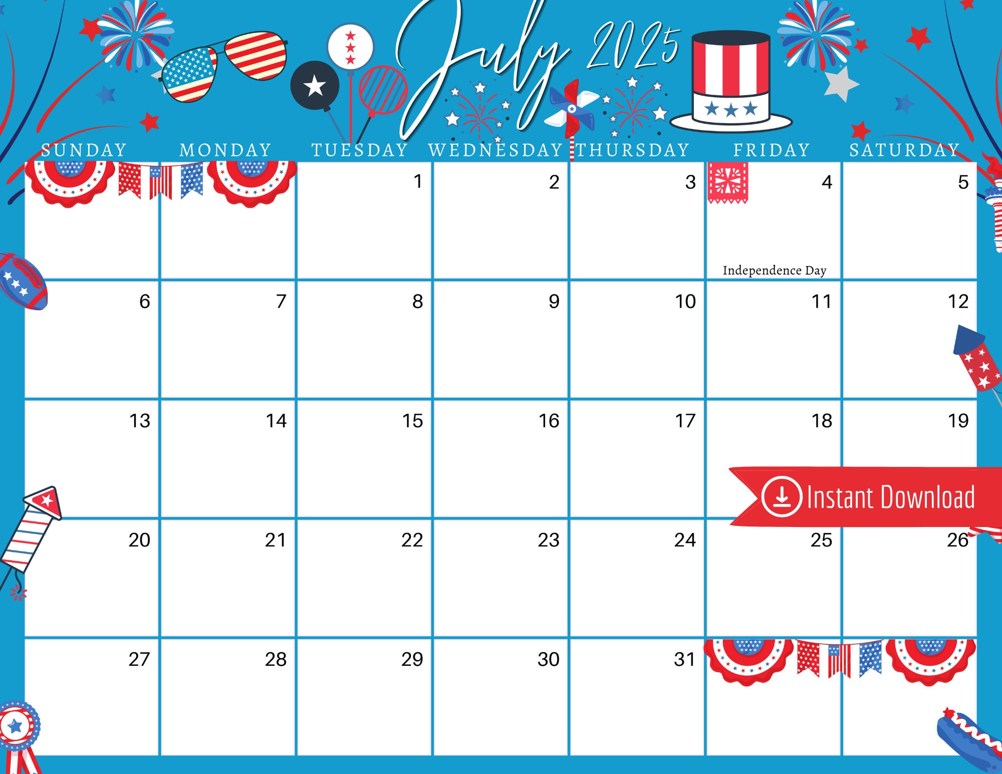 July 2025 Digital Calendar - Blue 4Th Of July Planner Editable | July 4 2025 Calendar