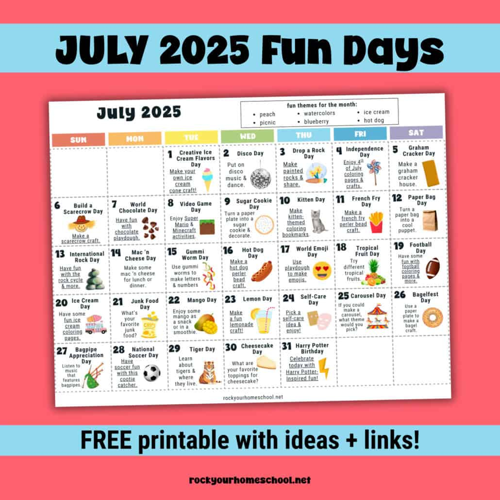 July 2025 Fun Days Calendar (Color) - Rock Your Homeschool | National Day Calendar July 2025