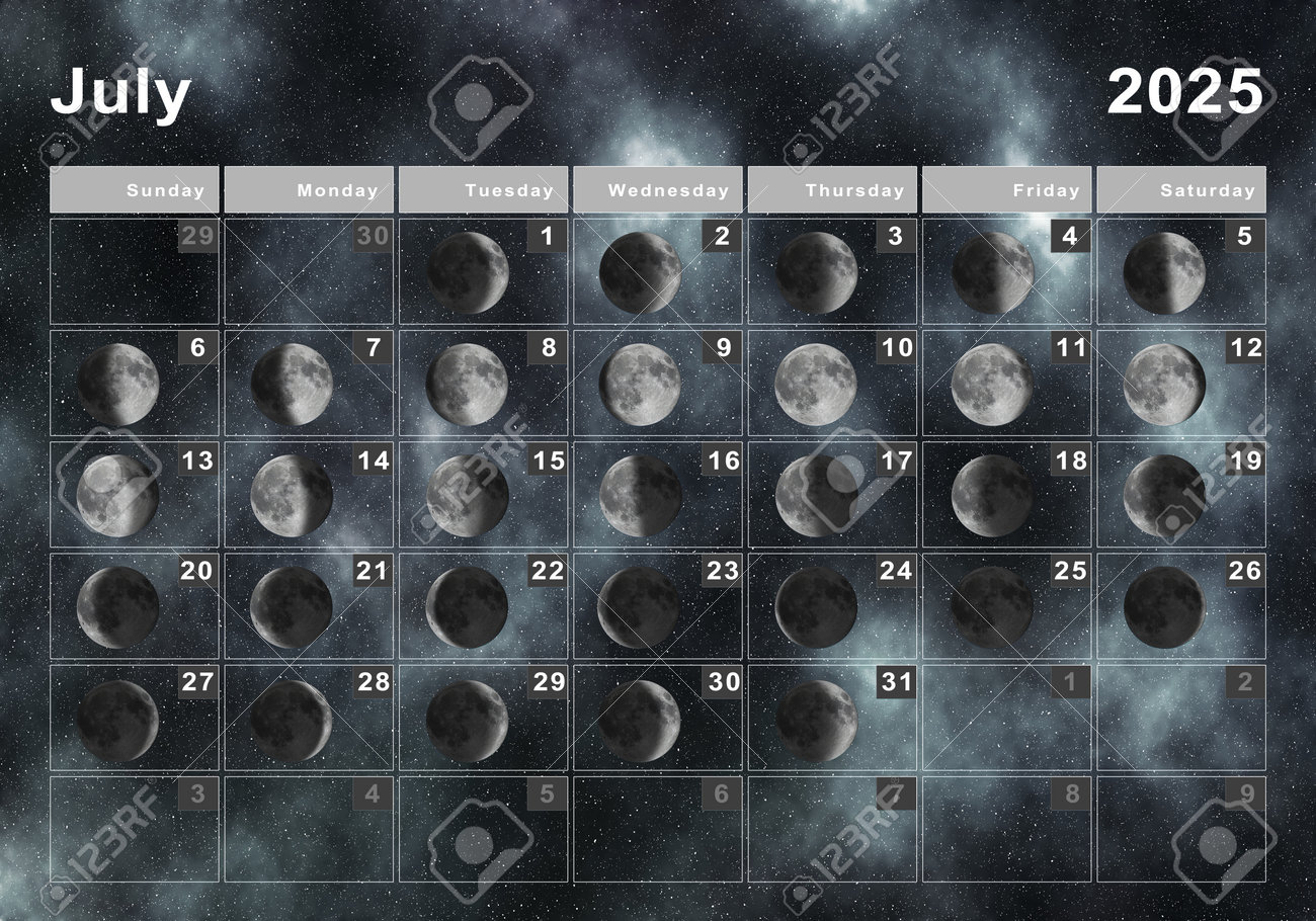 July 2025 Lunar Calendar, Moon Cycles, Moon Phases Stock Photo | Lunar Calendar July 2025