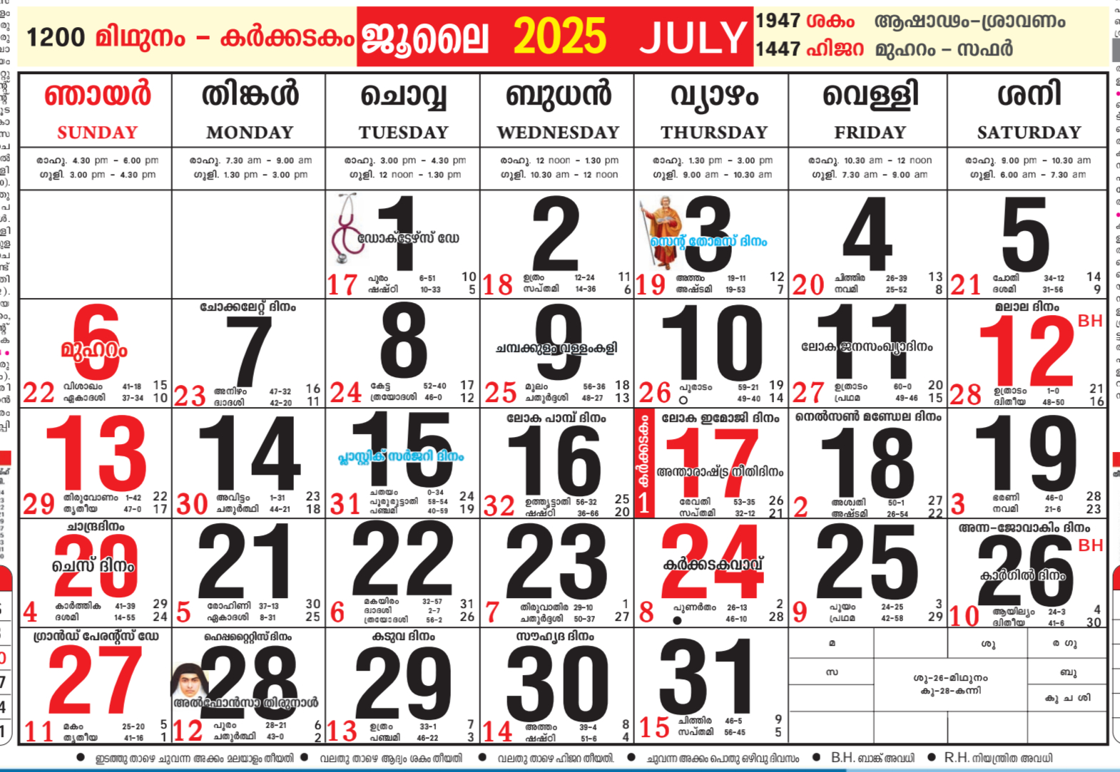 July 2025 Malayalam Calendar Festival, Tithi, Tiwar And Other | July Calendar 2025 Malayalam
