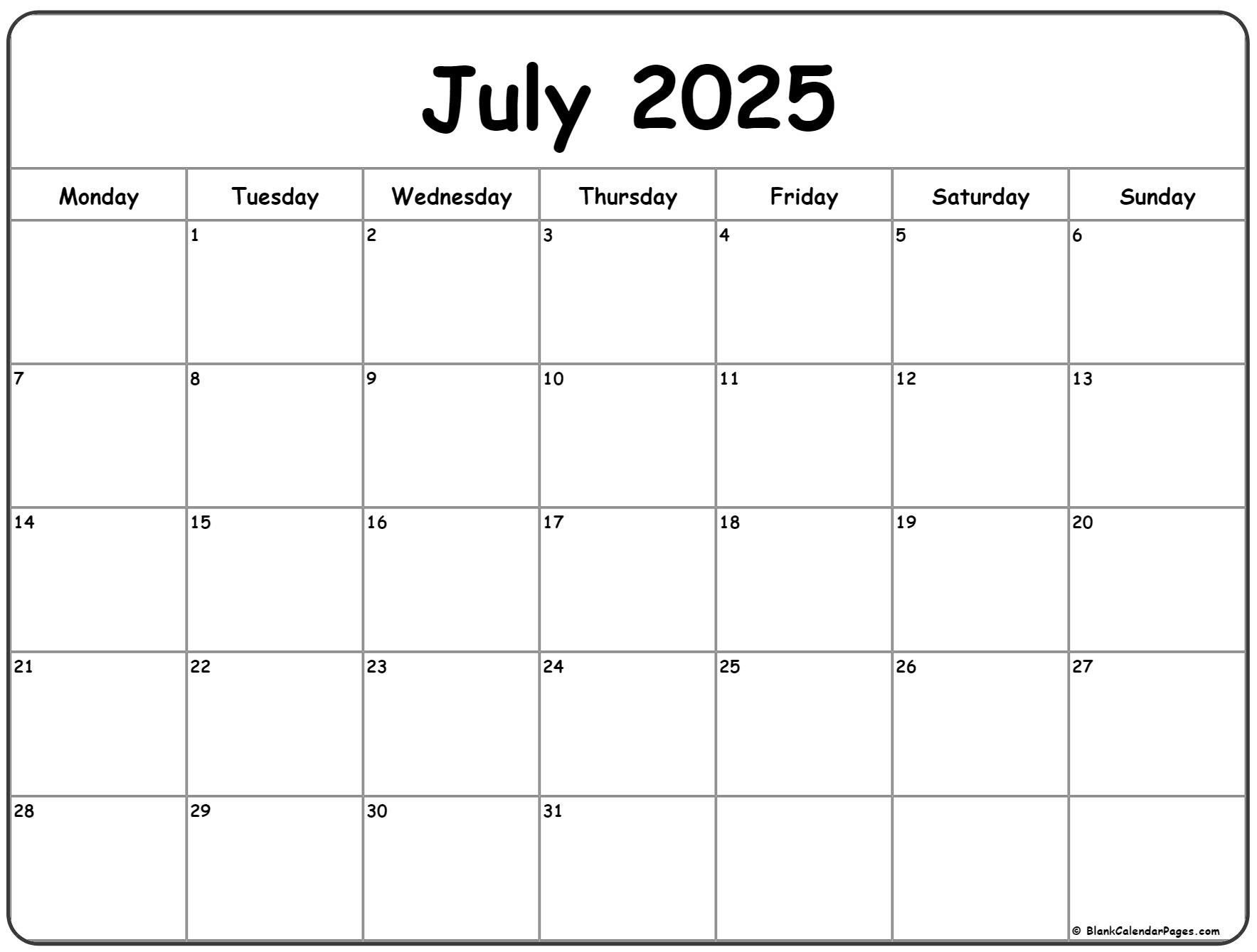 July 2025 Monday Calendar | Monday To Sunday | July Calendar 2025 Monday to Sunday