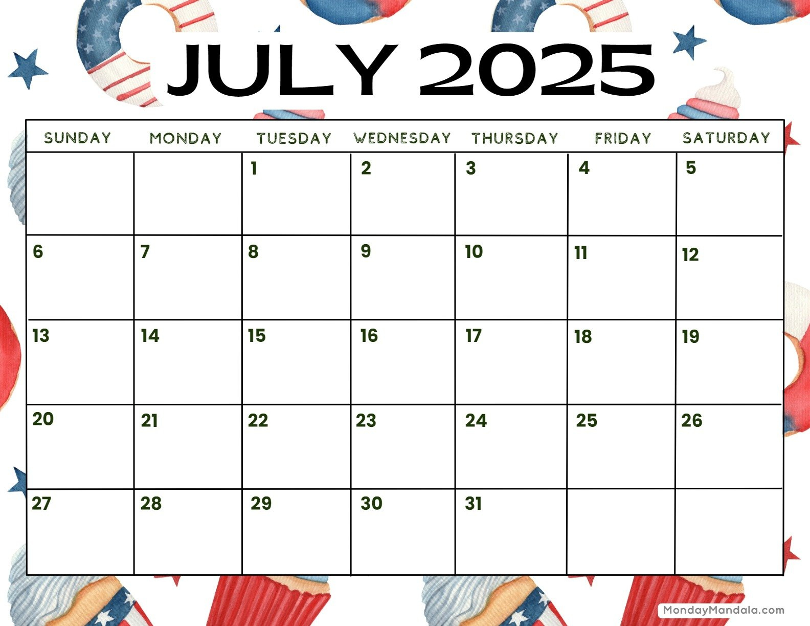 July 2025 Printable Calendar (52 Free Pdf Printables) | July 4Th 2025 Calendar Date