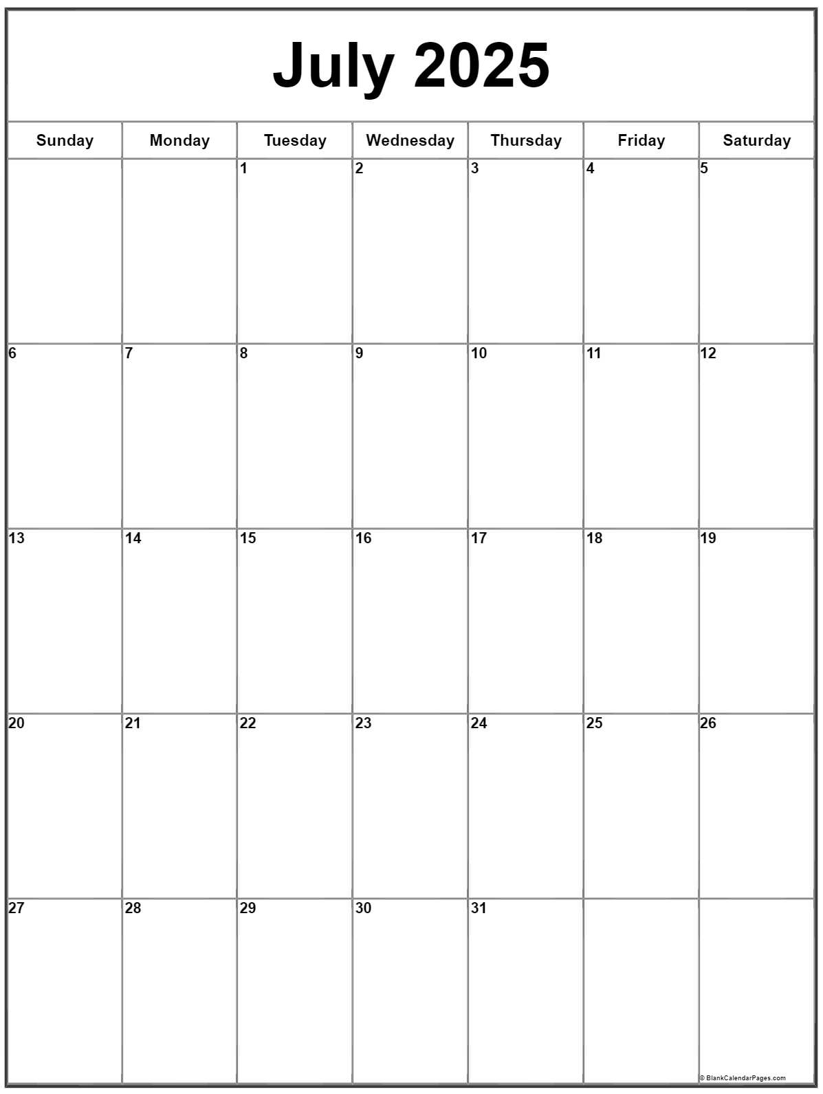 July 2025 Vertical Calendar | Portrait | Calendar 2025