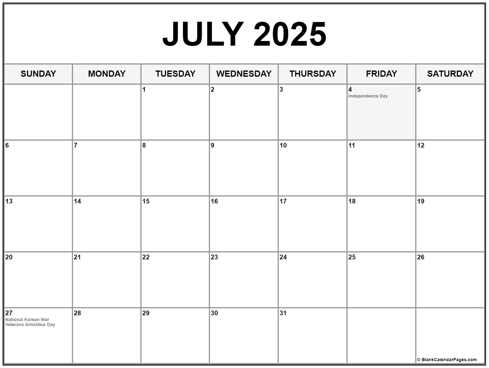 July 2025 With Holidays Calendar | Calendar 2025