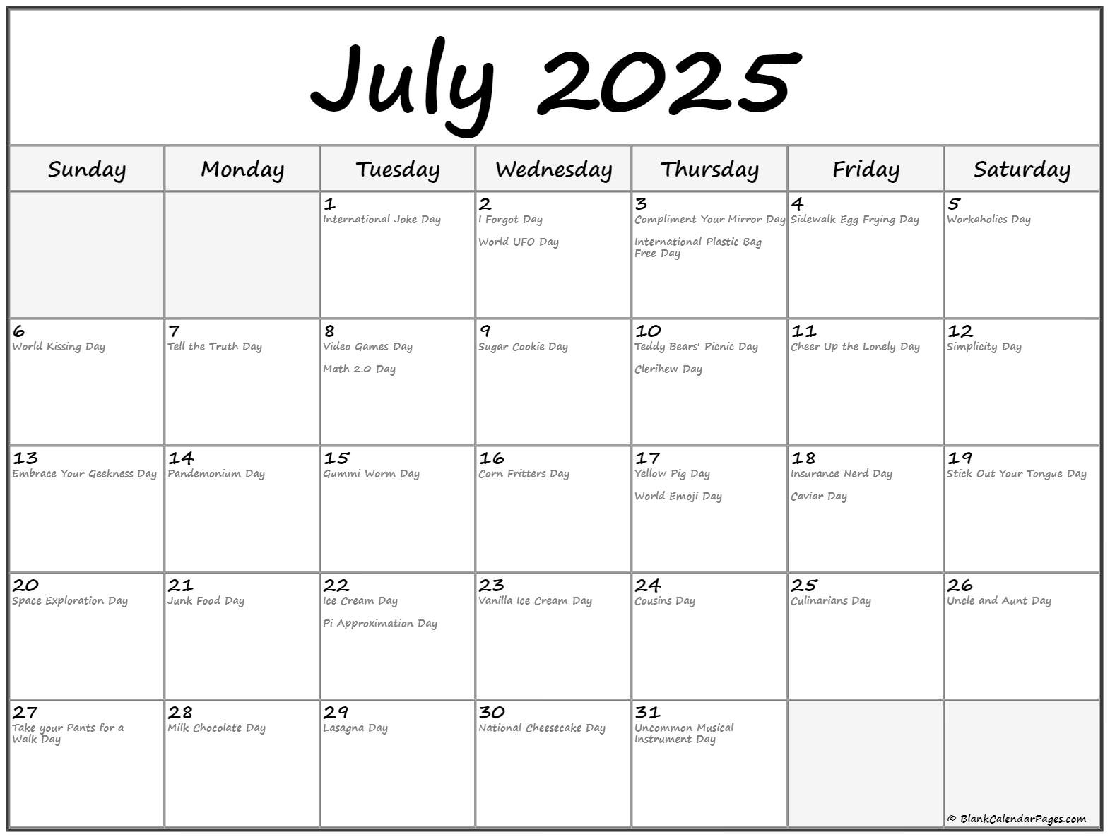 July 2025 With Holidays Calendar | National Day Calendar July 2025