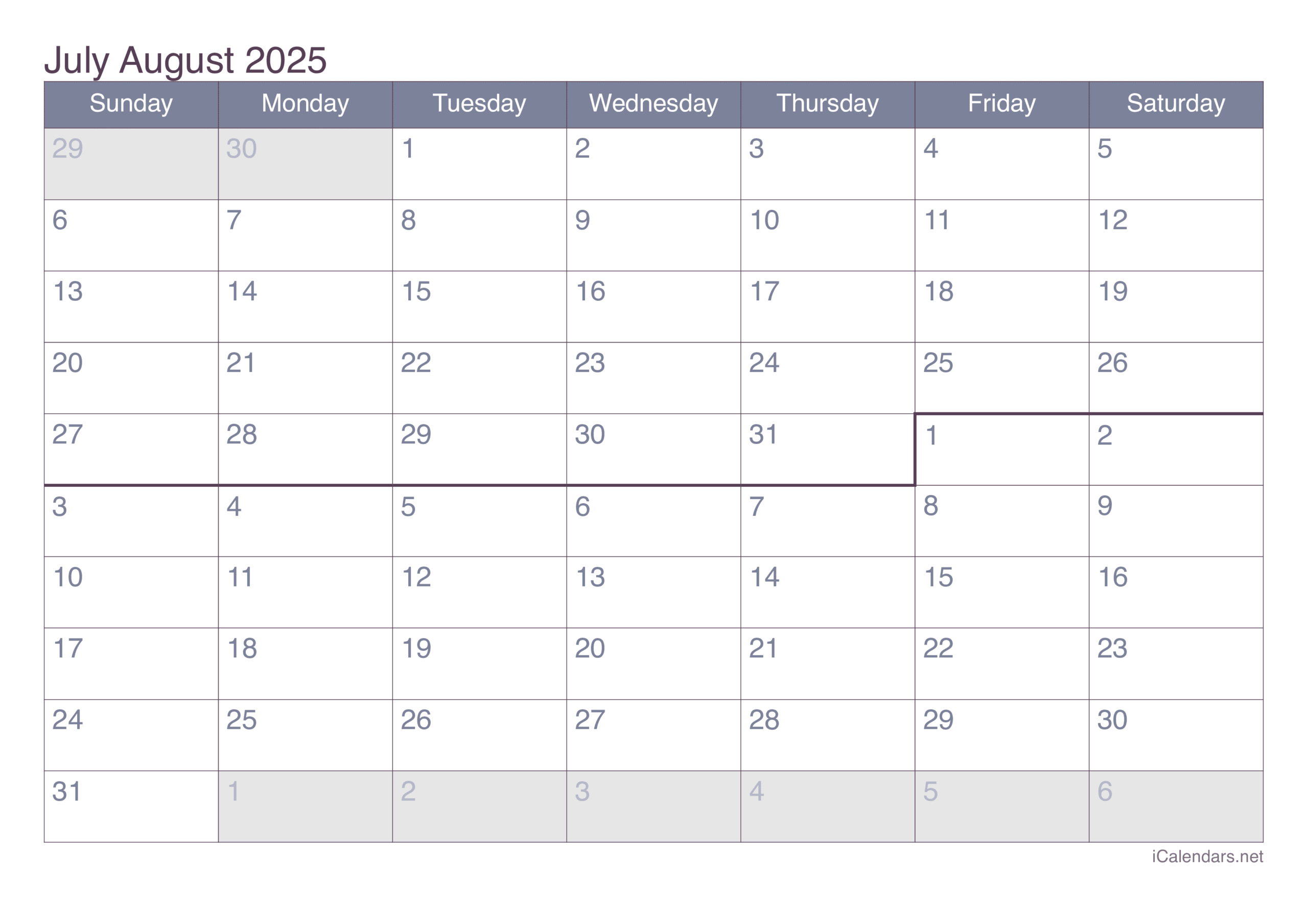 July And August 2025 Printable Calendar | July August 2025 Calendar