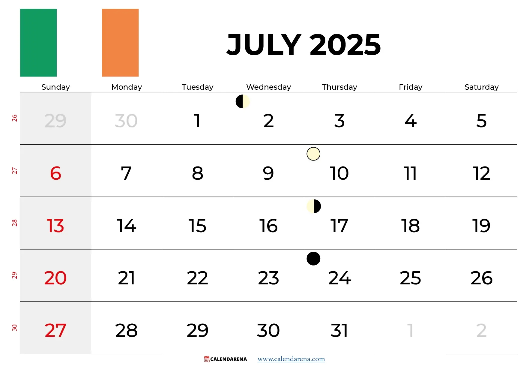July Calendar 2025 Ireland | July Calendar 2025 Holidays
