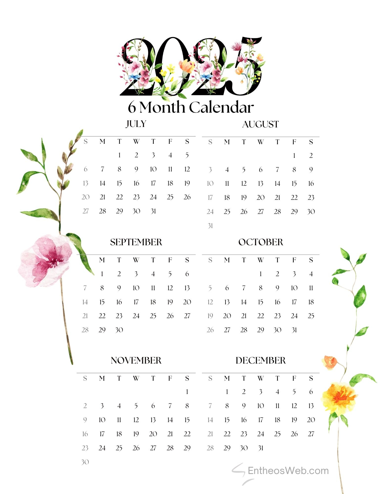 July To December 2025 – 6 Month Calendar Printable | Entheosweb | 6 Month Calendar July To December 2025