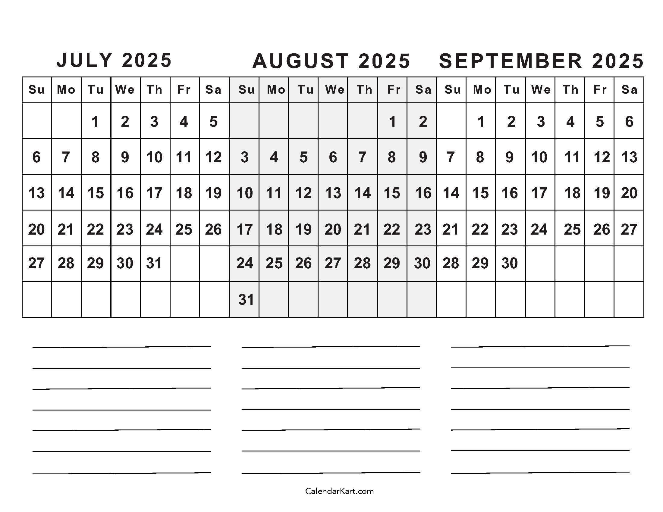 July To September 2025 Calendar (Q3) - Calendarkart | July Aug Sept 2025 Calendar Printable