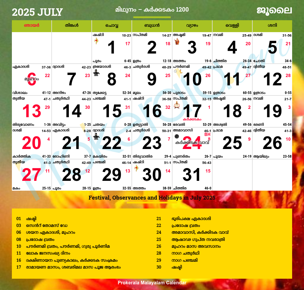 Malayalam Calendar 2025, July | Calendar 2025