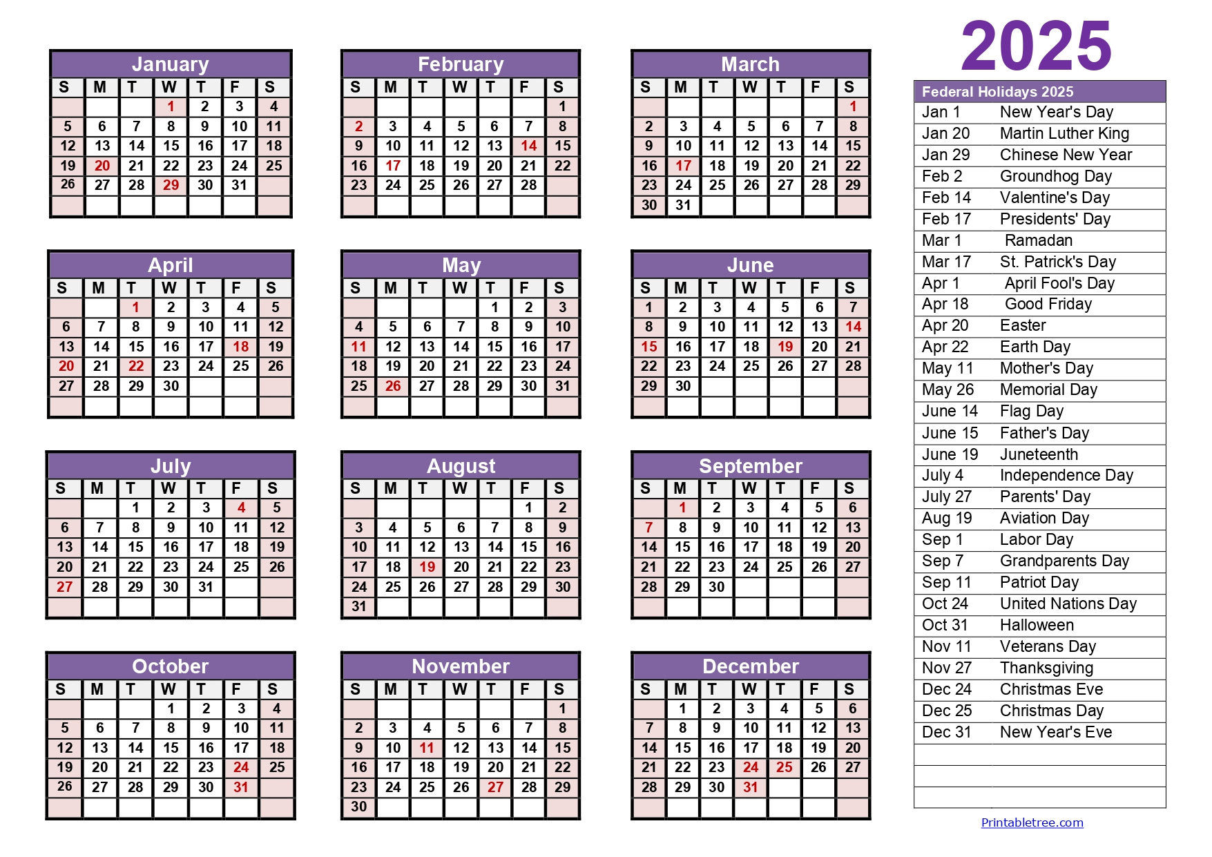 Printable Calendar 2025 One Page With Holidays (Single Page) 2025 | Free Printable 2025 Julian Calendar