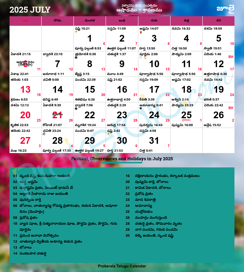 Telugu Calendar 2025, July | Telugu July Calendar 2025