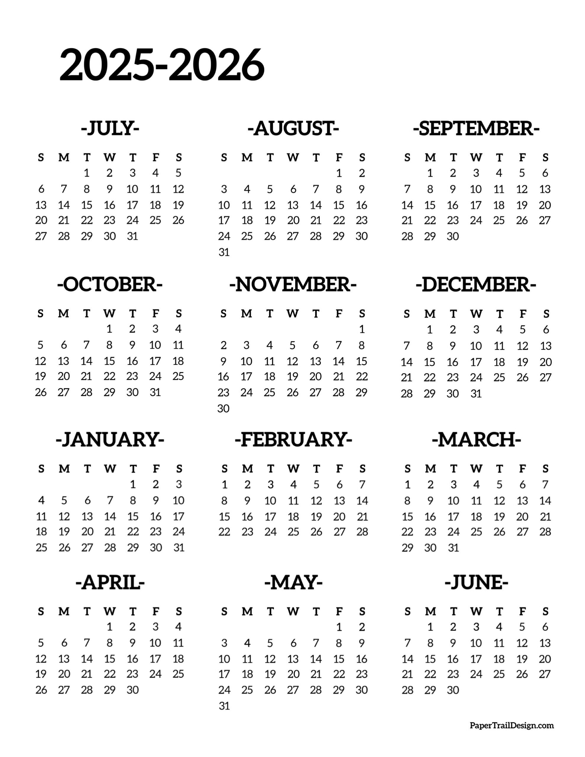 2025-2026 School Year Calendar Free Printable - Paper Trail Design | Printable Calendar August 2025 - May 2026